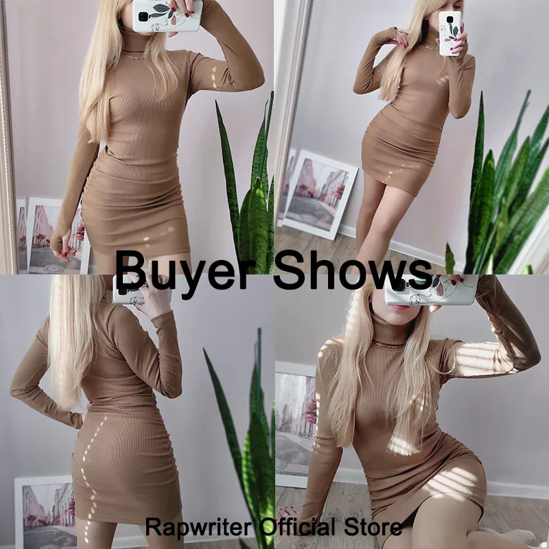 Rapwriter Brown Ribbed Knit Turtleneck Långärmad Ruch Klänningar för Kvinnor 2022 Vår Bodycon Lady Short Black Shyle Mini Dress 220316