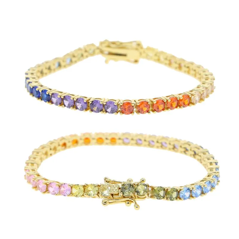 Iced Out 4MM Cubic Zirconia Rainbow CZ Tennis Chain Bracelet Gold Plated Colorful Summer Women Girl Trendy Hip Hop Jewelry