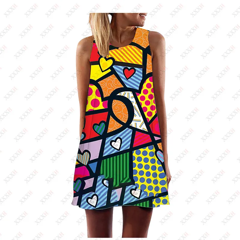 XXXH 여름 드레스 느슨한 슬리버지 초록 아트 3D 프린트 캐주얼 라인 여성 드레스 패턴 얇은 미니 스커트 220713