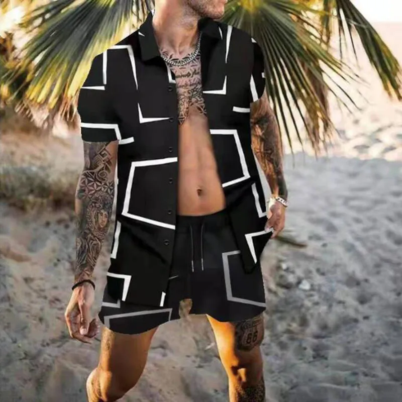 Zomerheren trend geometrische print shortsleeved Hawaiiaanse mode casual shirt pak strand shorts twope -oce 220623