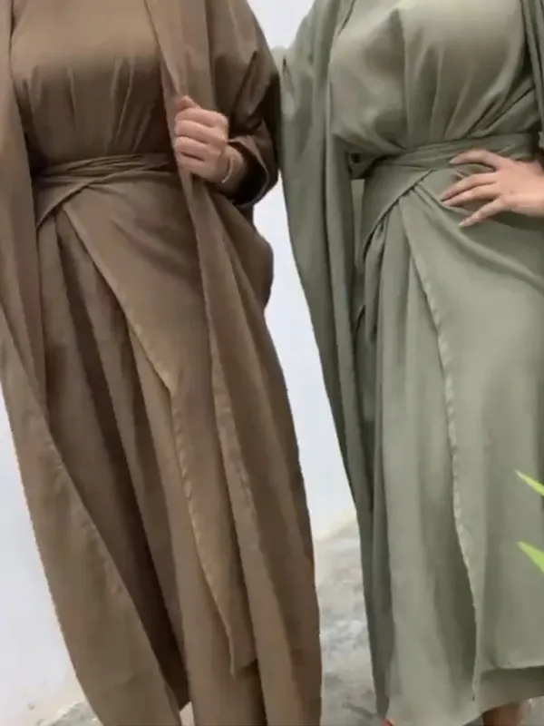 3 -stycken matchande Set Women Muslim Linene Dubai Arabic Modest Outfit Kimono Open Abaya Maxi Dress Wrap Front Kjol Ramadan Party CX220330