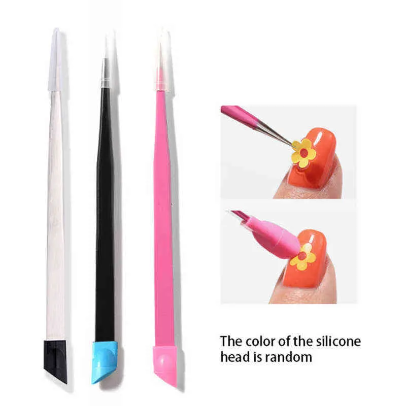 NXY Nail Gel Tweezers with Silicone Pressing Head for Sticker Rhinestones Picker Straight Curved Manicuree Art Tool Stainless Steel 0328