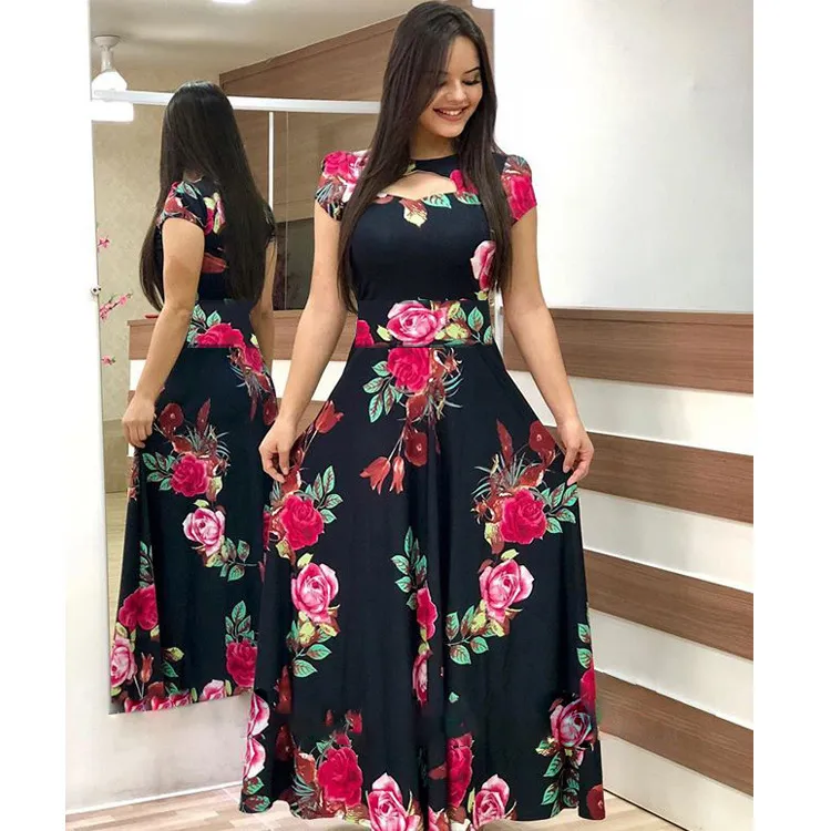 Mujeres de manga corta ahueca hacia fuera el cuello redondo vestido largo de verano elegante estampado floral de cintura alta elástico Boho Robe Maxi Vestidos 226014