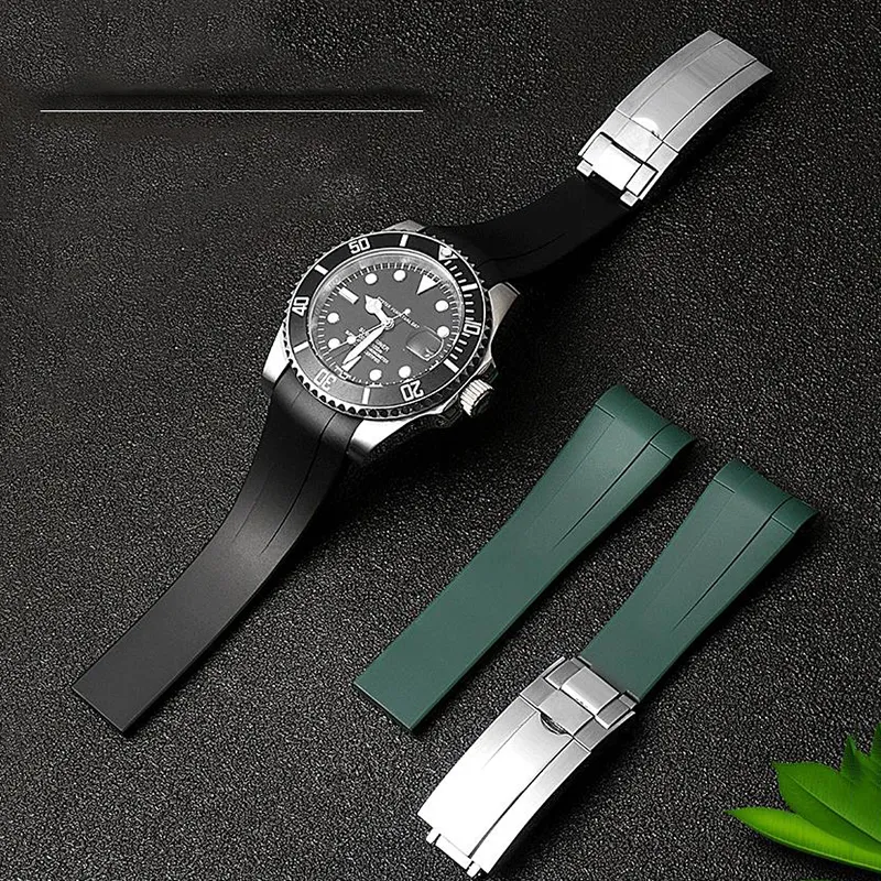 Wysokiej jakości gumowy pasek zegarkowy do opaski Rolex 20 mm 21 mm czarny niebieski zakrzywiony końcowy wodoodporny krzemowe zegarki Bransoletka 22061248o