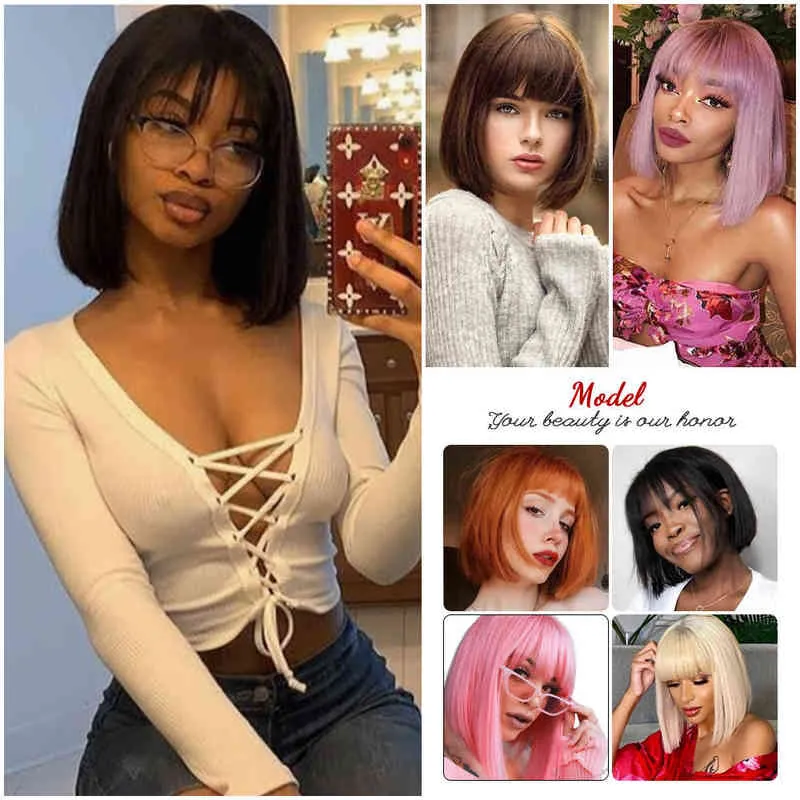 Short Bob Wig with Bangs Synthetic Wigs for Women Ombre Black Red Blonde Pink Lolita Cosplay Party Natural Hair Perruque 220622