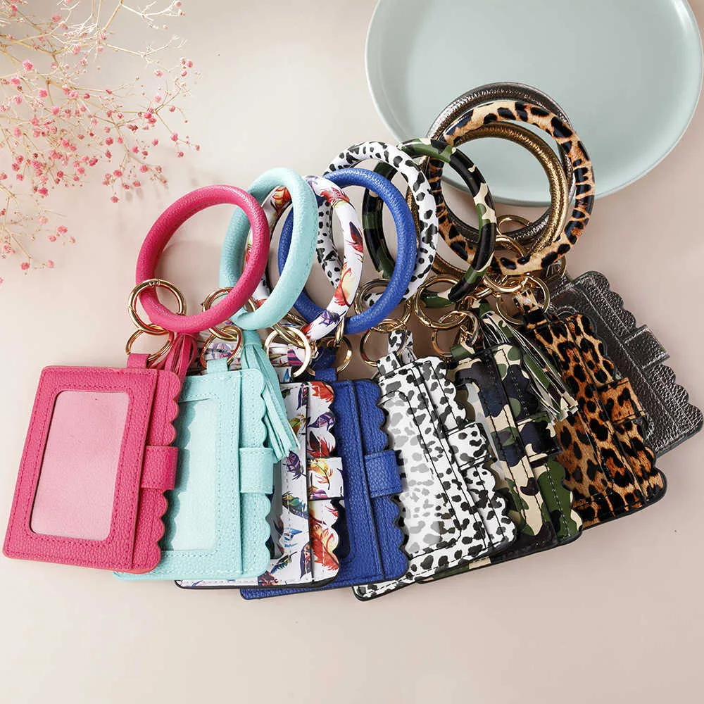 Leopard Print Pu Leather Tassel Bracelet Key Chain Card Cover Certificate Bag Zero Wallet Handbag