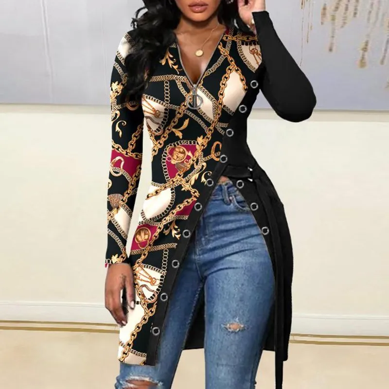 Ladies Super Sexy T-shirt With Split V-neck Spring Casual Oversize Print Shirt Women Tops Loose Vintage Long Female Tee 220408