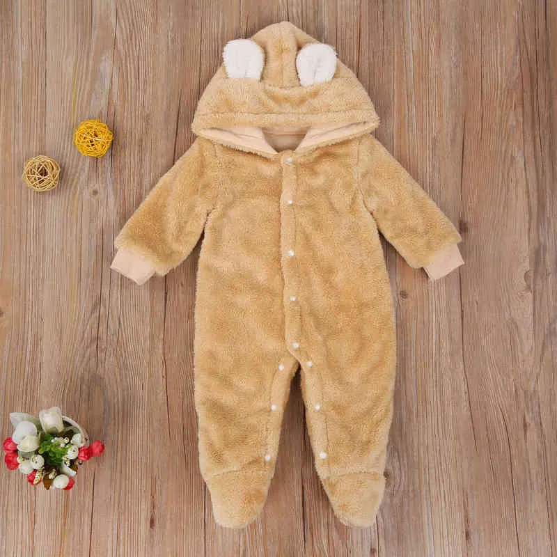 Babys Long Sleeve Jumpsuit Autumn Fresh Plush Solid Color Single-breasted Hooded One Piece Long Pants G220521