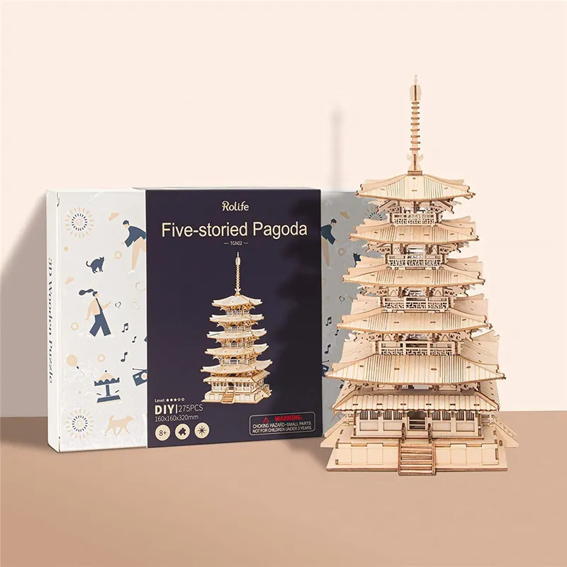 Robotime Rolife DIY 3D Five storied Pagoda Wooden Puzzle Game Assembly Constructor Toy Gift for Children Teen Adult TGN02 220715