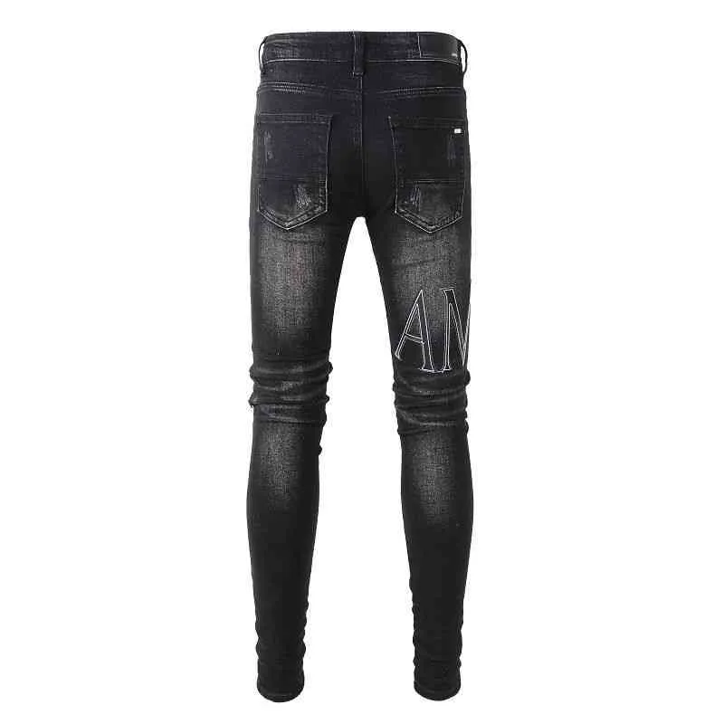 Jeans designer Amirrss Heren Nieuwe veelzijdige wasgat steken leer borduren slim fit legging jeans broek heren high street fashion AV14