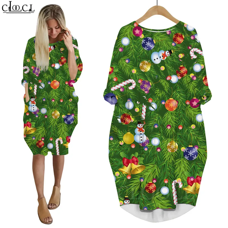 Weihnachten Santa Claus Kleid 3D Gedruckt Baggy Frauen Kleider Langarm Weibliche Kleid Taschen Kleider für Party und Weihnachten W220616