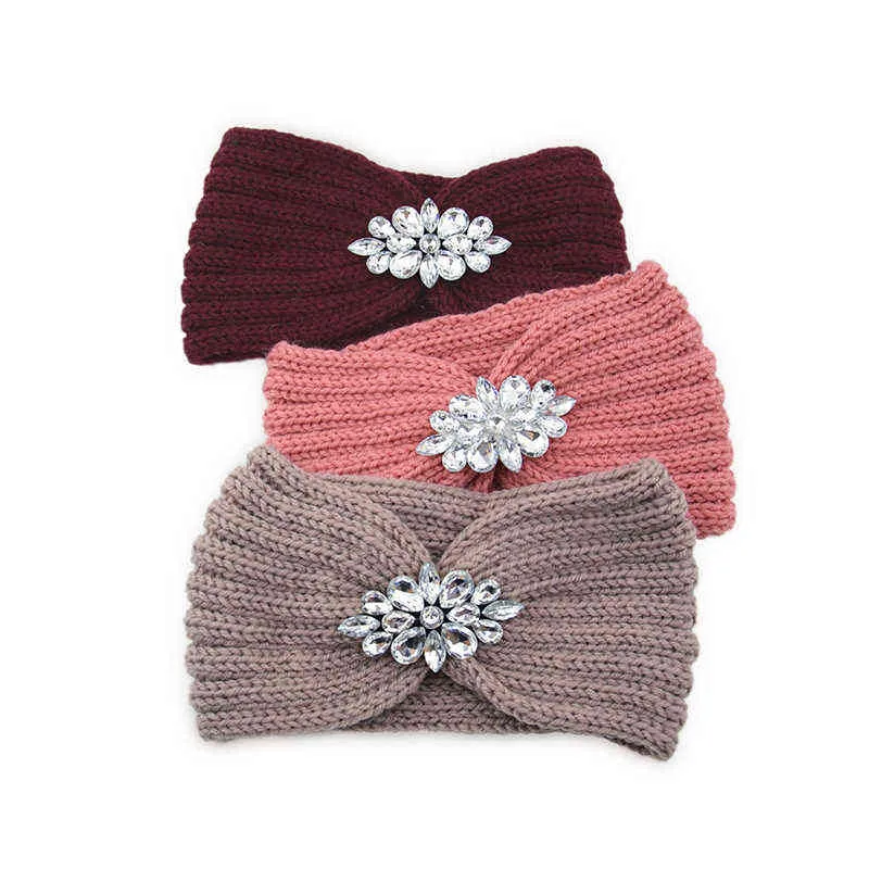 Winter Wide Knitted Headband Women Clear Crystal Flower Twist Crochet Hair Band Head Wrap Rhinestone Ear Warmer Accessories AA220323