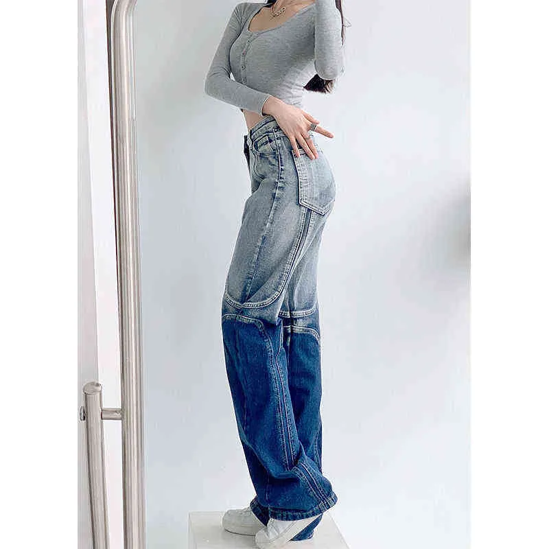 Koijizayoi Harajuku Donna Jeans Casual Pantaloni larghi in denim Tasca a vita alta Primavera Autunno 2022 Nuovo arrivo Jeans Pantaloni lavati T220728