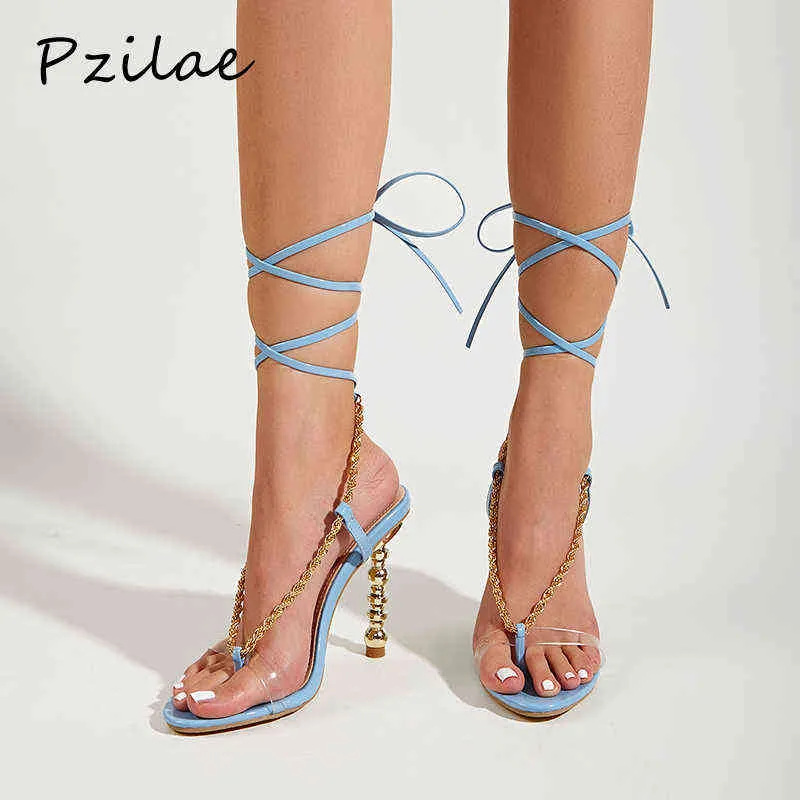 Sandali Pzilae Catena in metallo trasparente in pvc Roma Donna Crosstied Strano tacco alto perizoma Summer Party Pumps Shoes New 220704