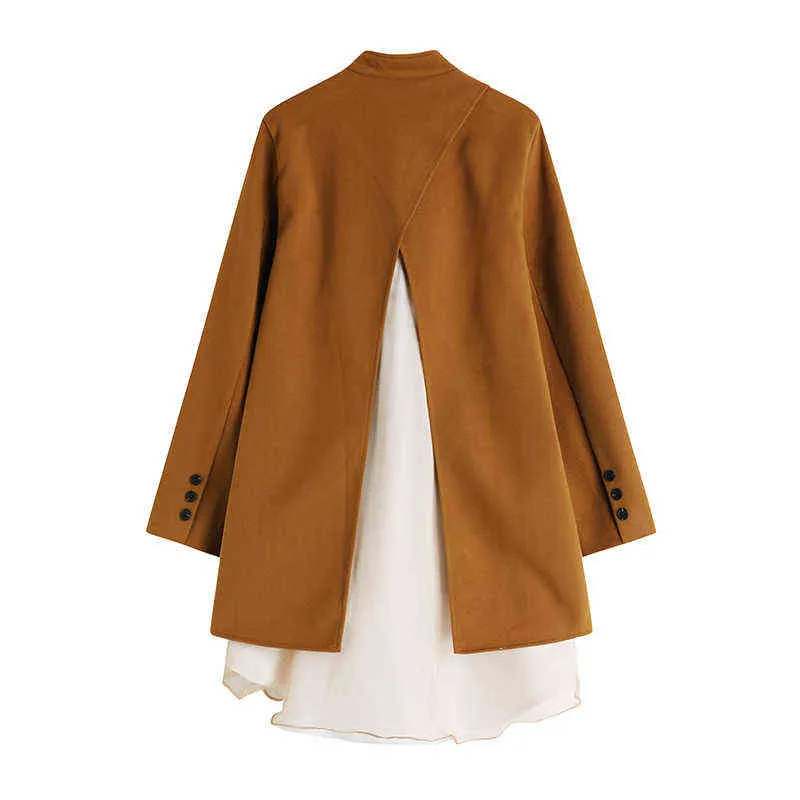 Kadınlar için elbiseler orta uzunlukta kahve renkli ceket dişi dikişler örgü bel ceketi sahte iki parçalı elbise tek sıra yalın toka l220725