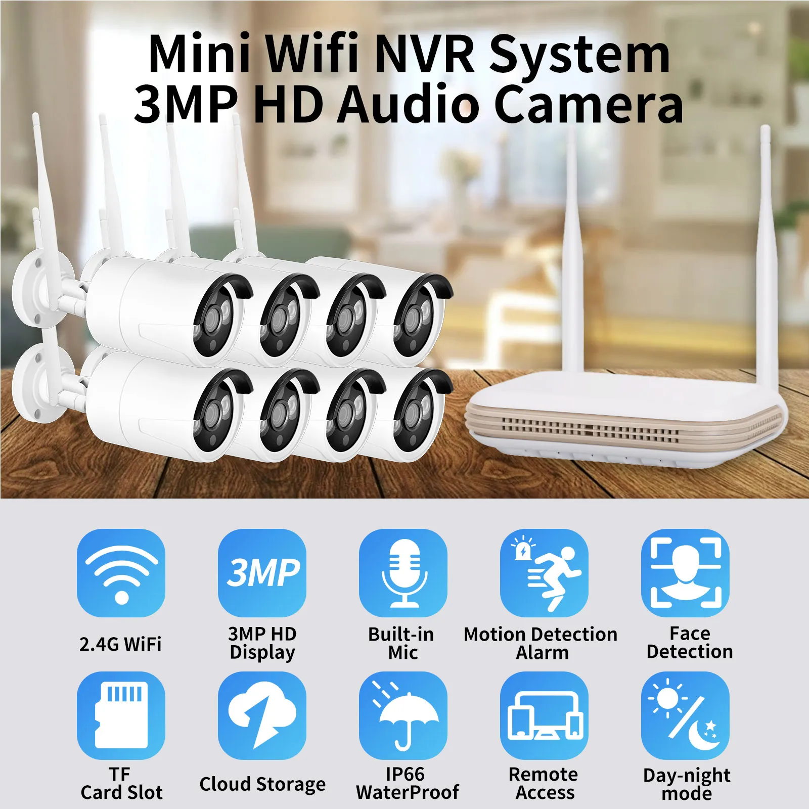 Outdoor IP Camera kits 1080P H.265 8CH 3MP Wireless CCTV System Face Detection Video Surveillance wifi Kit Security With TF Card Slot