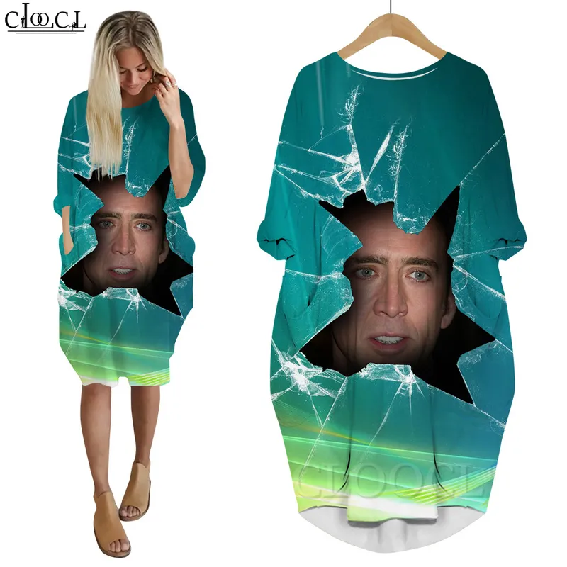 Kobiety sukienka Zabawny aktor Nicolas Cage 3d Print Lose Córka sukienki z długim rękawem Casual Streetwear Christmas Kieszonkową sukienkę W220616
