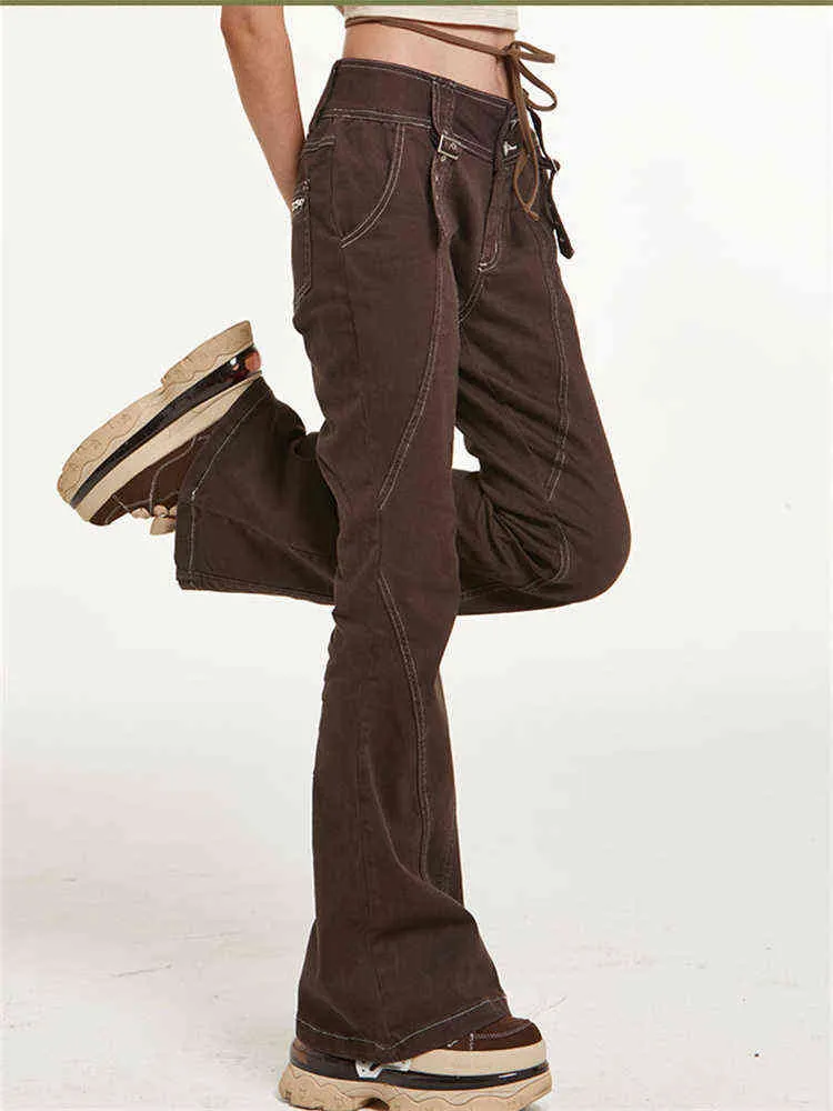 Американские ретро-джинсы с низкой талией Женщины и осенний дизайн чувствуют тонкие штаны с микро-полевыми брюками европейские коричневые джинсовые штаны Женщина L220726