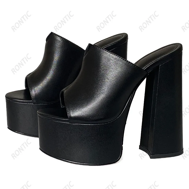 Rontic handgefertigte Damen-Plateau-Pantoletten-Sandalen aus echtem Leder, sexy Blockabsätze, Peep-Toe-Klassiker, schwarze Partyschuhe, US-Größe 4–9,5