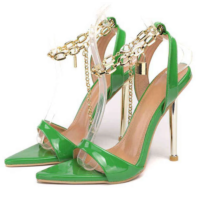 Sexy High Heels Metal Chain Pumps Pumps Designer Buty Stiletto Open-Toke Sandals Sandals Party Rozmiar 41 42 220531