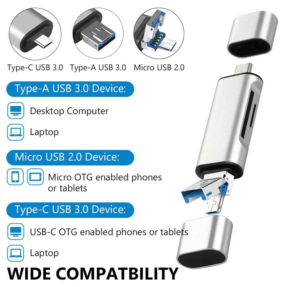 Typ C Micro USB 3.0 in 1 OTG-Kartenleser Hochgeschwindigkeits-USB3.0-Speicherkartenleser für Android-Telefon-Computer-Kartenleser