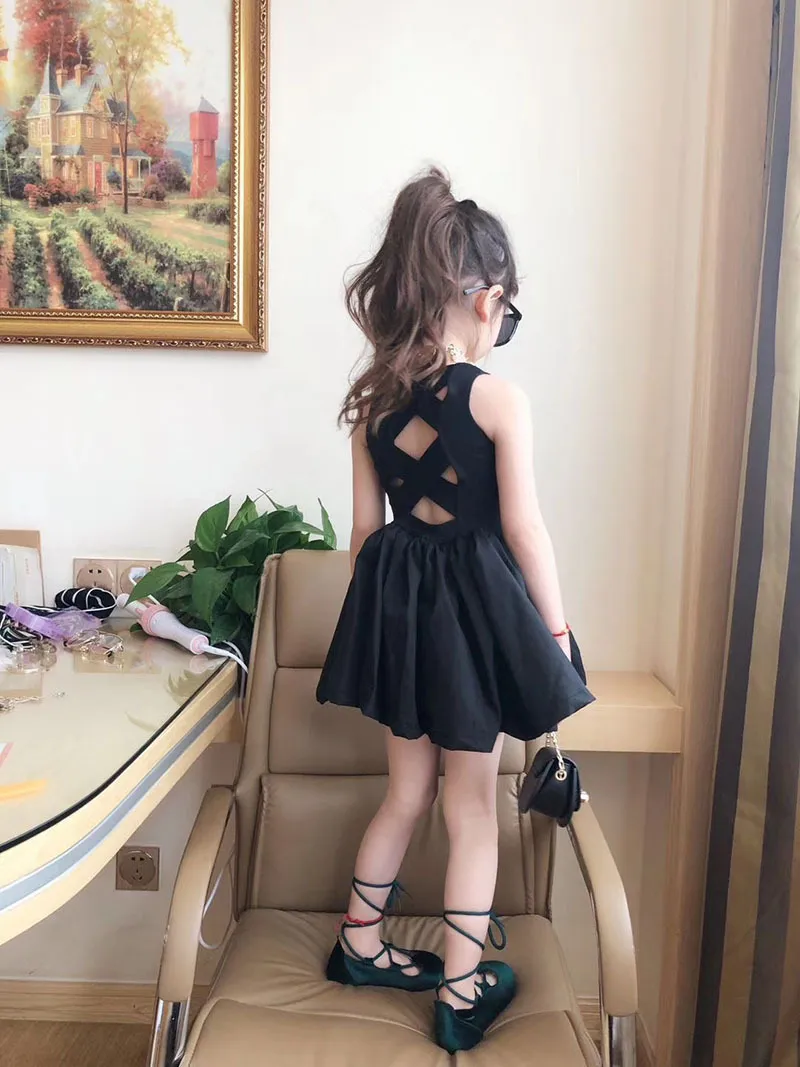 3 4 5 6 7 8 år baby flicka klänning sommar mode svart bomull prinsessa K027 220422