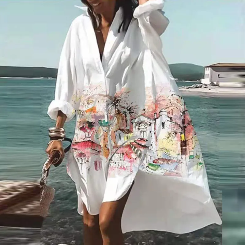 Camisa de praia plus size vestido feminino estampado decote em v manga longa solto boêmio vestidos de festa robe vestido de verão 220713