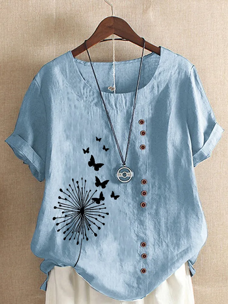 Women s Summer Dandelion Butterfly Printed Short Sleeve Round Neck Tshirt Ladies Casual Linen Shirts Plus Size Tops 220527