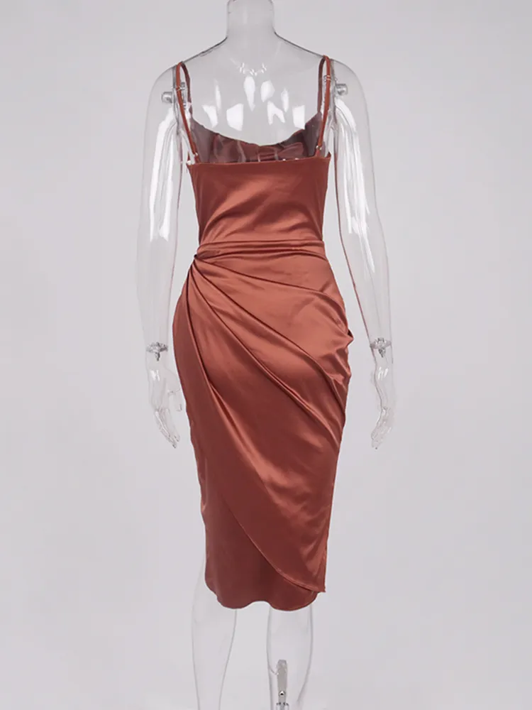 Азиатская атласная платья с разрезом регулируемое ремешок с рюша