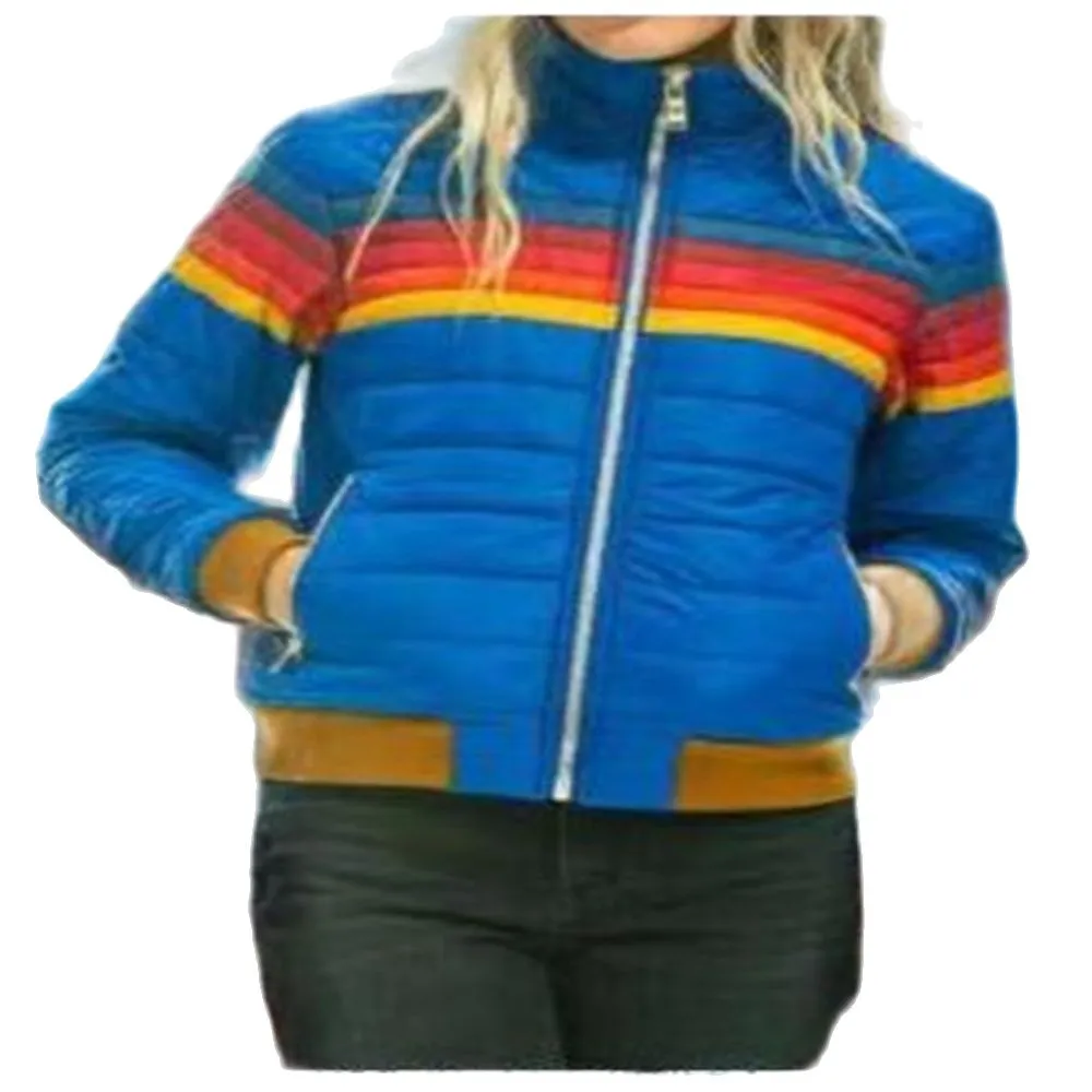 Mode Frauen Waschbären Pelz Stehkragen Regenbogen Streifen Print Zipper Baumwolle Gepolsterte Kleidung Vintage Beiläufige Dünne Warme Oberbekleidung