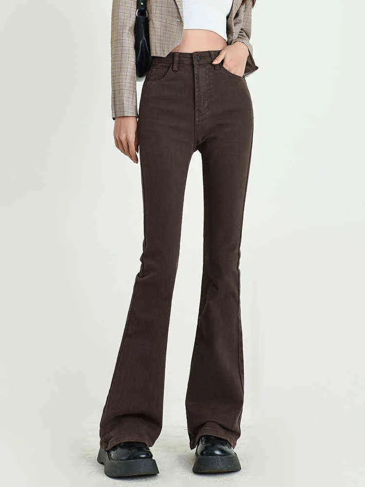 Brun taille haute Micro-lame Simple jean femmes été nouveau rétro chocolat mince ample Long pantalon Denim pantalon tij femme L220726