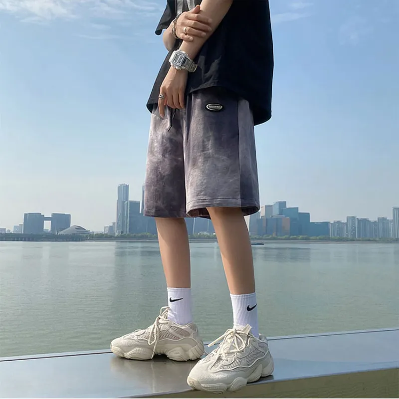 Shorts casuais homens amarre corante high street retchwork projetado na cintura elástica estilo coreano plus size s 3xl todos combinam machos calças 220621