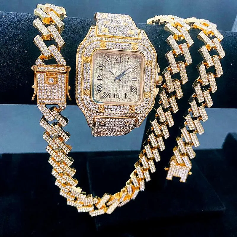 Montres-bracelets montres glacées pour hommes montre en or quartz 15mm chaînes à maillons cubains bracelet colliers diamant bijoux homme reloj300n