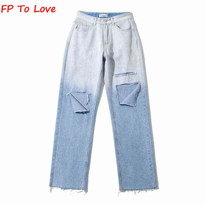 FP To Love Woman Design Ripped Jeans2021秋の春のストリートスタイルワイドレッグパンツルーズグラデーションデニムT220728