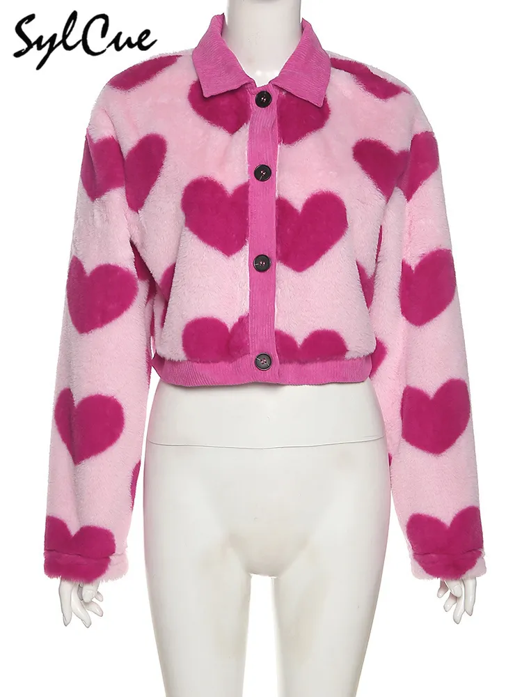 Sylcue Pink Girl Youth Cute Allmatch Love Contrastウールのゆるい快適でしなやかな女性ショートトップコートボタン220722