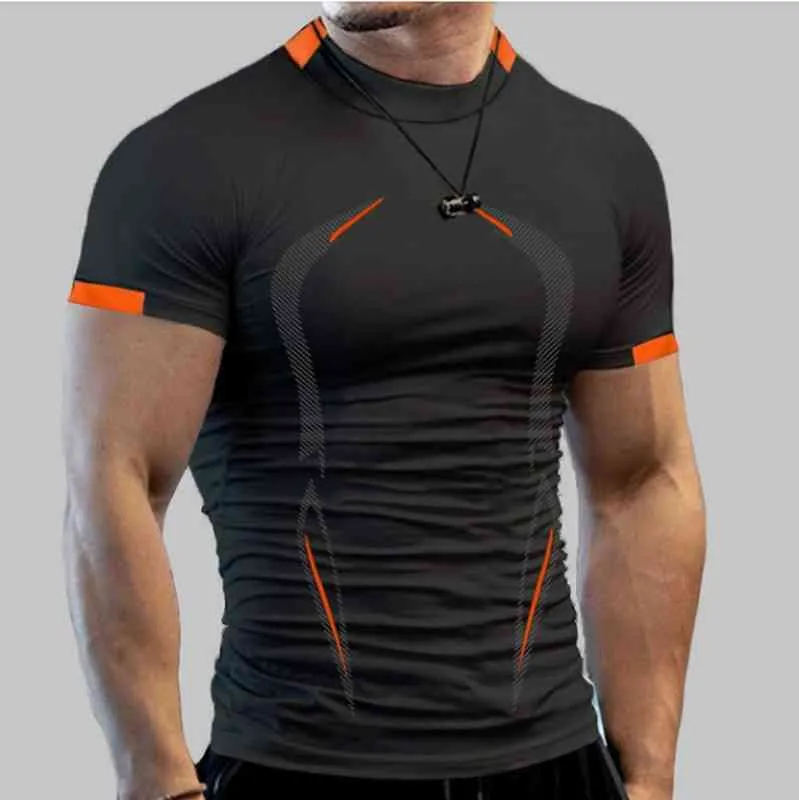 Kısa Kollu Nefes Spor T Gömlek Erkekler 3D Sıkıştırma O Boyun Hızlı Kuru Erkek Koşu Sıkı Uydurma Tişört Spor Salonu Top Y220426