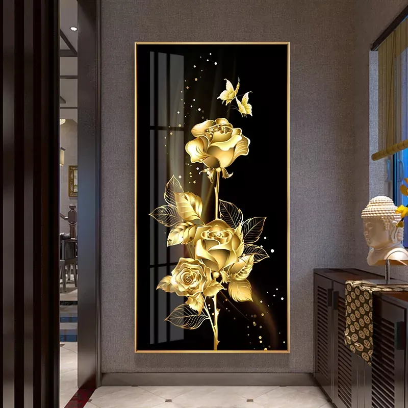 Golden Black Flower Rose Butterfly Abstract Poster Nordic Art Plant Canvas Painting Modern Wall Picture for Living Room Decor