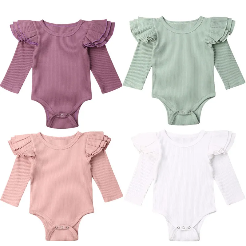 Born Baby Girl Clothes Tops Långärmad solid ruffles Romper Sunsuit Outfit Set 220525