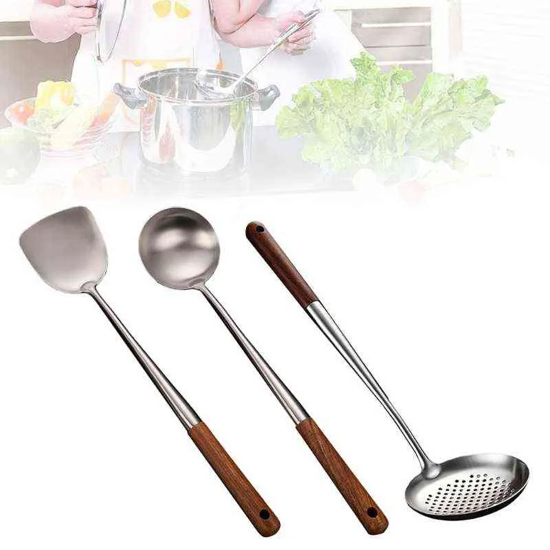 Utensili da cucina portatili durevoli in acciaio inossidabile Pentole da cucina Wok Spatola Cucchiaio Skimmer Mestolo Set Y220530