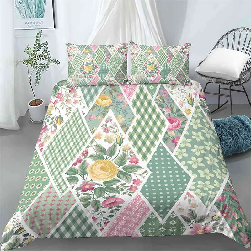 幾何学布団カバーノルディックグリーンの葉花柄の寝具セット王は女の子の男の子のためにいっぱい