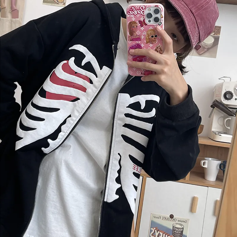 Y2K Harajuku Koreanischer Stil Lose Skelett ZipUp Hoodie Grunge Langarm Gothic Kapuzenjacke Retro Mantel Übergroßes Sweatshirt 220816