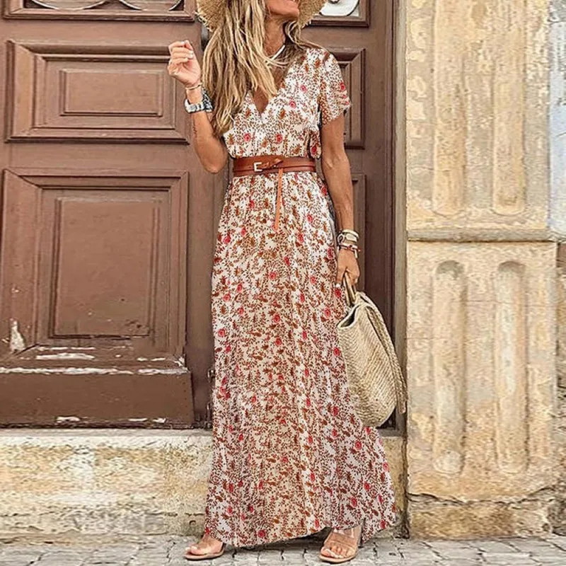 Boho Women V Neck Short Sleeve Paisley Print Belt Stora Hem Beach Long Dress Print Dress Summer Beach Dress With Belt 220531