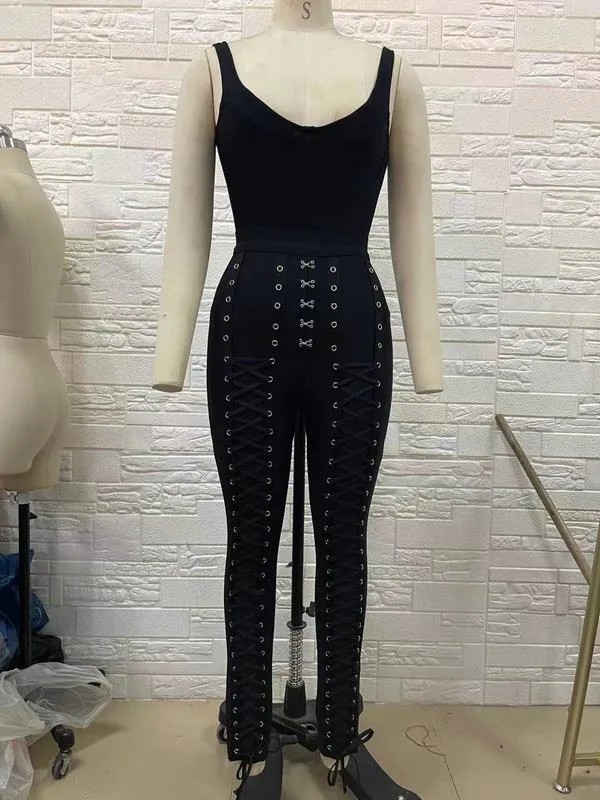 Women Top Quality Black White Set Side Criss Cross Rayon Bandage Full Length Party Fashion 220315