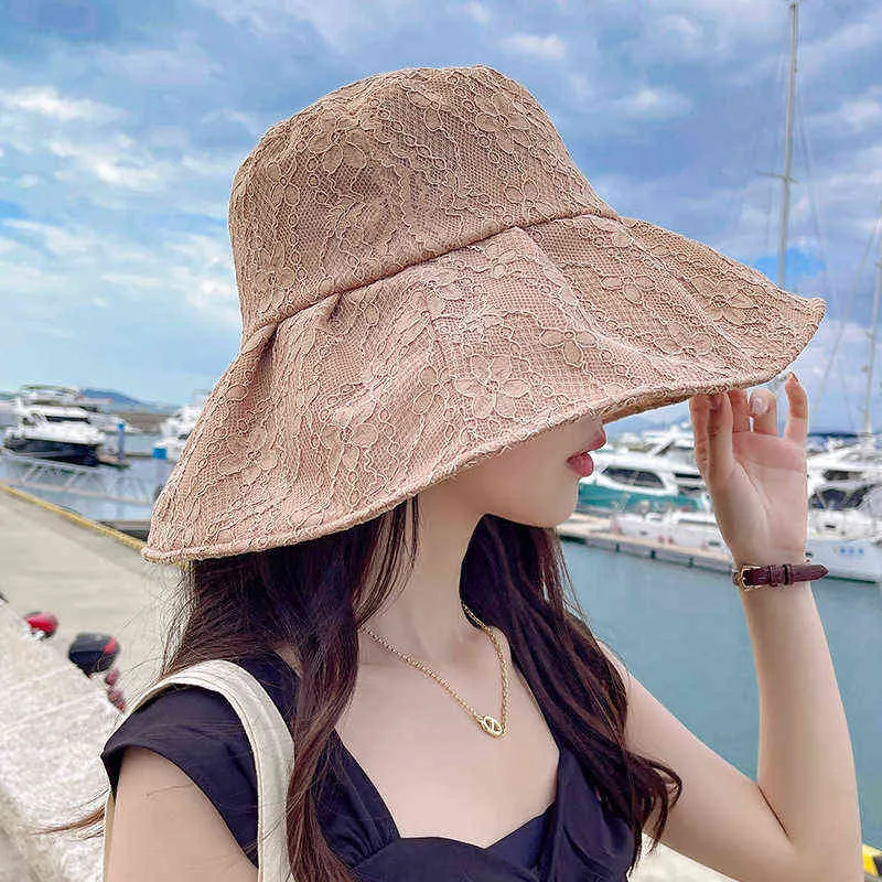 W117 Koreansk version av vår och sommar söt pärla spets blomma UV solskyddsmedel hatt stor kant skugga fiskare hatt kvinnor g220418