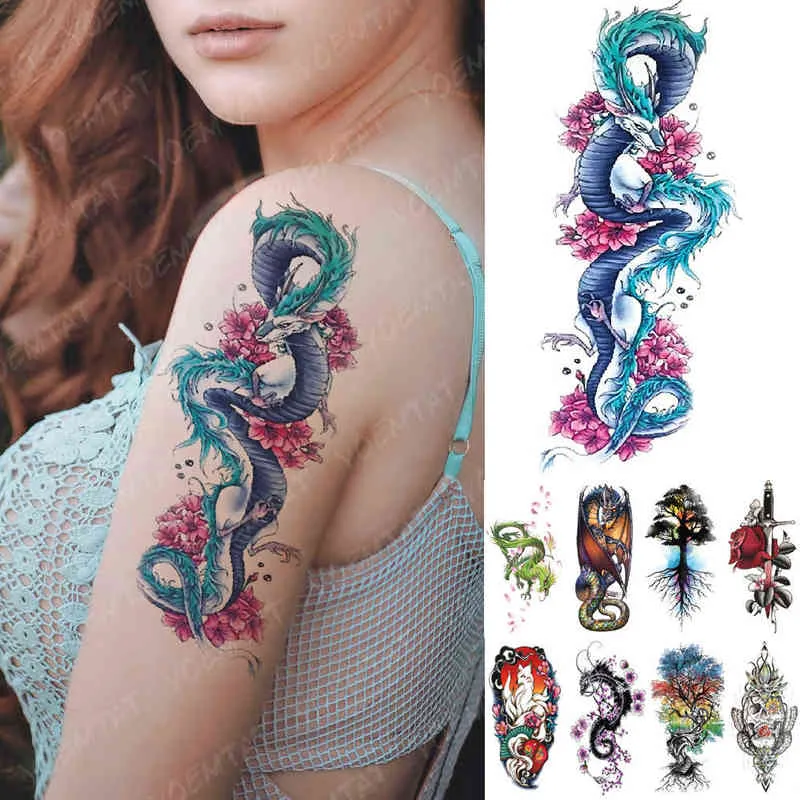 NXY Tymczasowy Tatuaż Wodoodporny Naklejki Niebieski Ice Dragon Plum Blossom Flash S Family Tree Fox Body Art Arm Fałszywe Tatoo Kobiety 0330