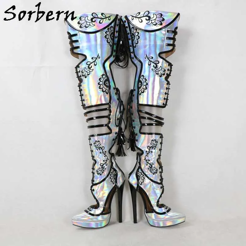 Sorbern Customized Mid Thigh Boots Women Pointed Toe Platform High Heel Stilettos Leopard Shiny Hot Pink Fetish Shoes Lace Up