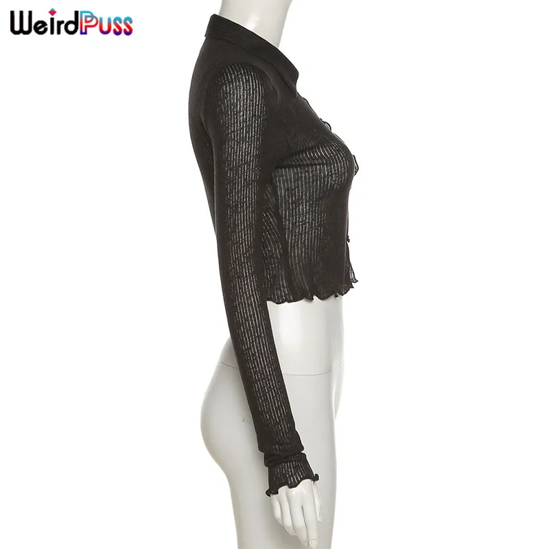 Weird Puss Knitting See Through Black T-Shirts Women Fall Trend Long Sleeve Ruffles Skinny Tops Button Soft Casual Autumn Tees 220408