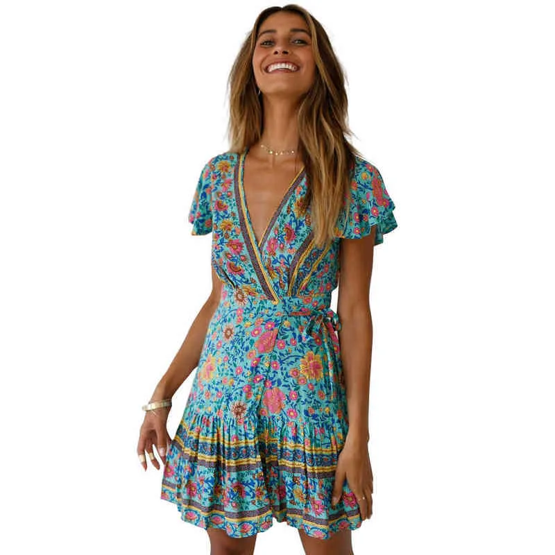 Summer Dress Women 2022 V-hals Sexig Boho Dress Print Kort kjol G220510