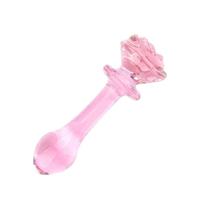 Erotica Anal Toys Glass Dildo Pink Rose Flower Shape Vaginal Butt Plug Self Comfort Masturbator Sex For Woman 220507