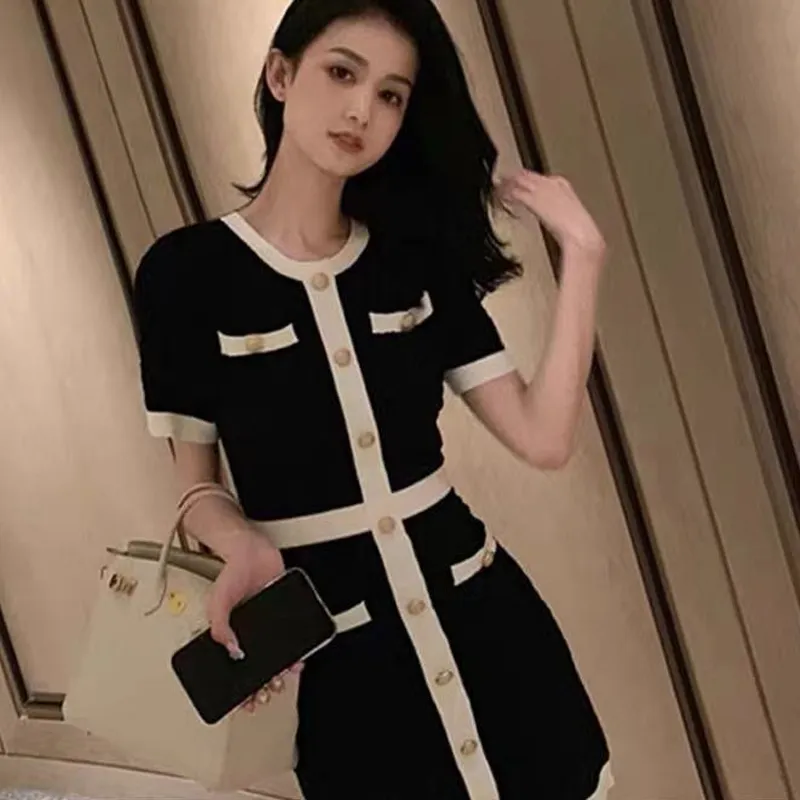 Vestido de lã coreana elegante Party Summer Summer preto Button Slim Bodycon Mini vestido vestido moda feminina ropa mujer 12105 220513